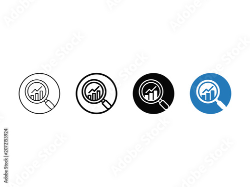 Magnifying glass over bar chart set featuring four variations in outline, silhouette, and blue circle styles