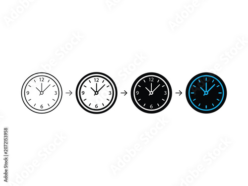 Sequence of clock showing evolution from thin outline to bold, solid black, and blue glowing timepiece styles