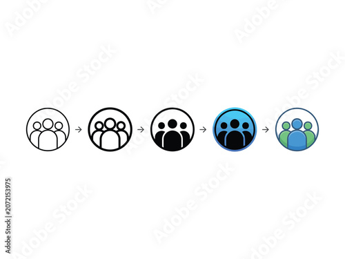 Sequence of five showing group of people symbols evolving through different styles and color schemes