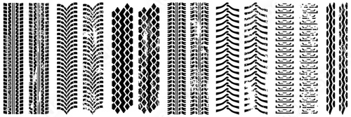 Tire tracks left on the road. Tire tread imprints. Tracks and imprints of a car, motorcycle, truck, tractor, or tank. Vector silhouette set