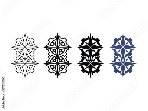 Set of four compass rose and gear wheel in various styles including outline, silhouette, and solid blue