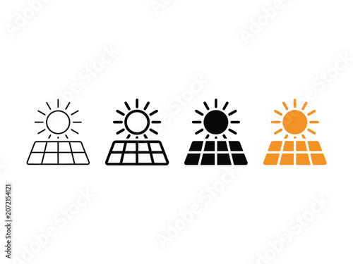 Solar energy panel featuring sun rays in outline, solid black, and orange color styles for renewable energy