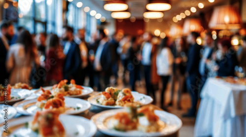 blurred scene of a social gathering with many people standing and talking. 