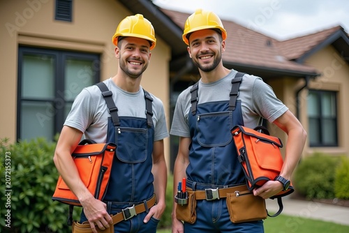 Two proud young electricians displaying their tools in front of a house.