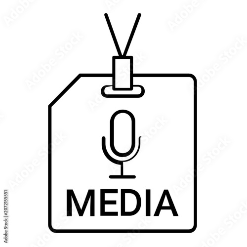 A clean flat vector line icon depicting a press pass badge, made for news event layouts, reporter access workflows, and media registration pages.