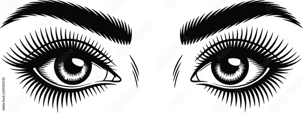 Fototapeta premium Black and white illustration of intense human eyes with lashes illustration detailed expression features graphical eyebrows eyesight perceive observation monochrome artistic portrait