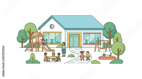 Canvastavla Illustration of daycare center with children playing on playground and teacher supervising