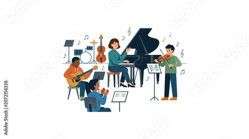 Music teacher leading classroom session with young students playing instruments together.