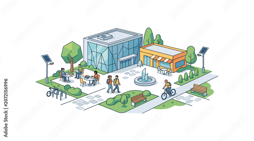 Fototapeta premium Modern isometric campus courtyard with glass building cafe fountain and students studying.