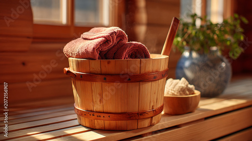 Wooden sauna bucket with ladle and bath towel in traditional wooden sauna room