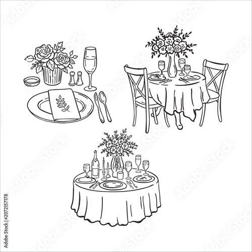 Romantic hand drawn illustration of a beautifully set wedding table