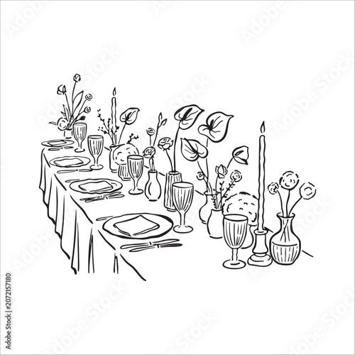 Playful hand drawn wedding dinner table with place settings and decor