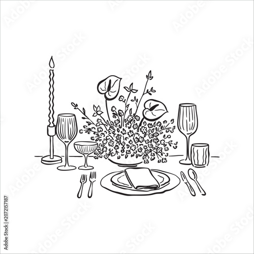 Charming hand drawn wedding table with candles and floral centerpiece illustration