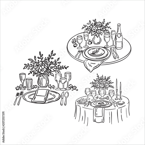 Elegant doodle collection of celebratory dinner tables with place settings