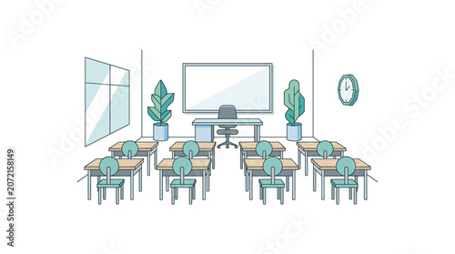 Photos Clean school classroom interior with frontal view of desks whiteboard and green plants