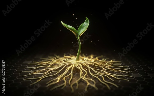 Small green plant sprout with visible roots growing from dark soil representing growth and nature conservation in a simple 3d illustration