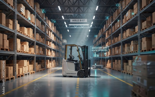 Modern forklift moving in a large warehouse with tall storage shelves filled with cardboard boxes for logistics and industrial supply chain