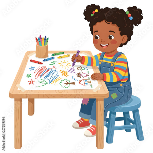 Cute girl drawing pictures with crayons on table