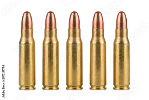 фотографія Five Rifle Cartridges Arranged in a Straight Row