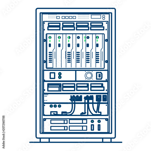 Clean flat vector line icon of rack mounted server hardware, suited for data center monitoring, IT support portals, and infrastructure presentations.