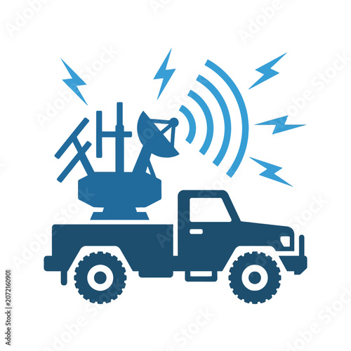 Картината върху платно A blue icon of a mobile radar truck transmitting radio signals
