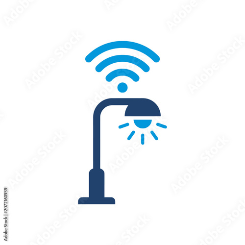 A blue icon of a street lamp with wireless signal connectivity