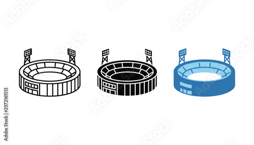 Tableau sur toile Modern stadium arena icon set in line art solid black and flat blue color styles