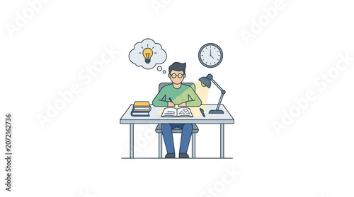 Foto Student studying at desk with books, lamp, clock, and thought bubble for ideas