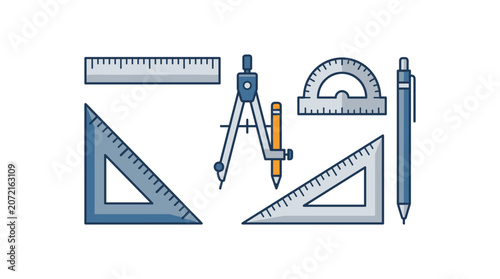 Obraz na płótnie Mathematical and geometry set with rulers protractor compass and pen for drawing accuracy