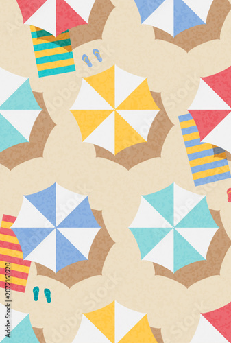 Vector illustration of a pattern depicting a top view of a sandy beach filled with colorful striped umbrellas, beach towels and flip-flops.
