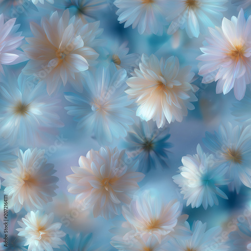 Seamless Floral Pattern of Soft Focus Daisies on Dreamy Blue Bokeh Background