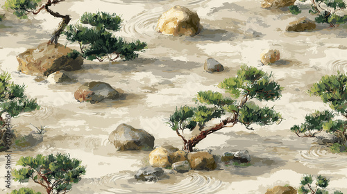 Seamless Oil Painting Pattern of Bonsai Trees and Raked Sand in Zen Garden