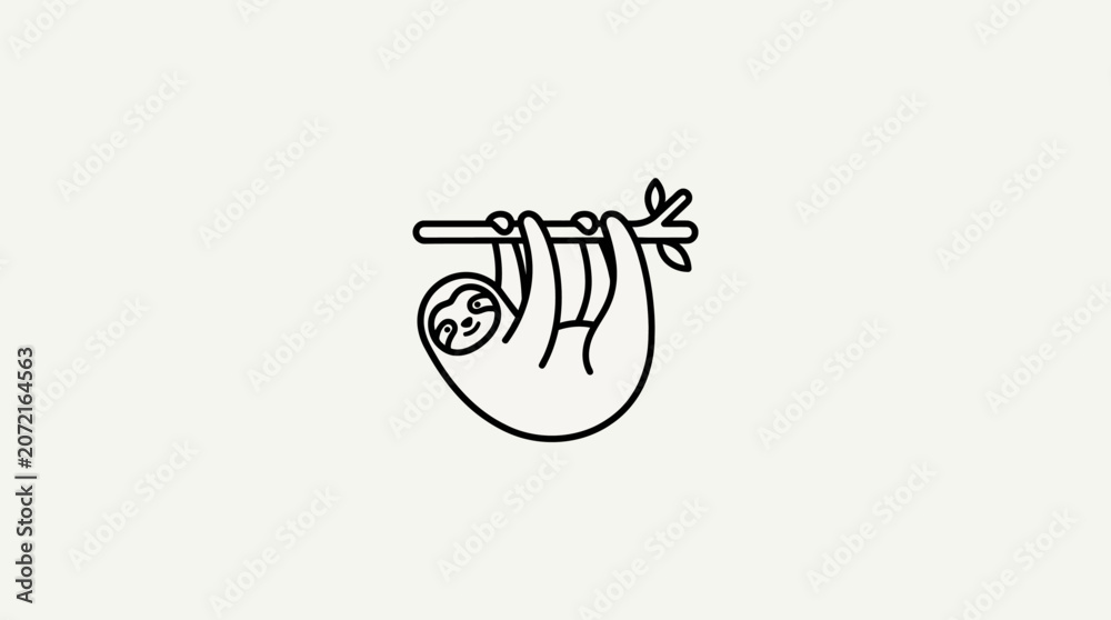 Fototapeta premium A simple black and white line art drawing of a cute sloth hanging from a tree branch.