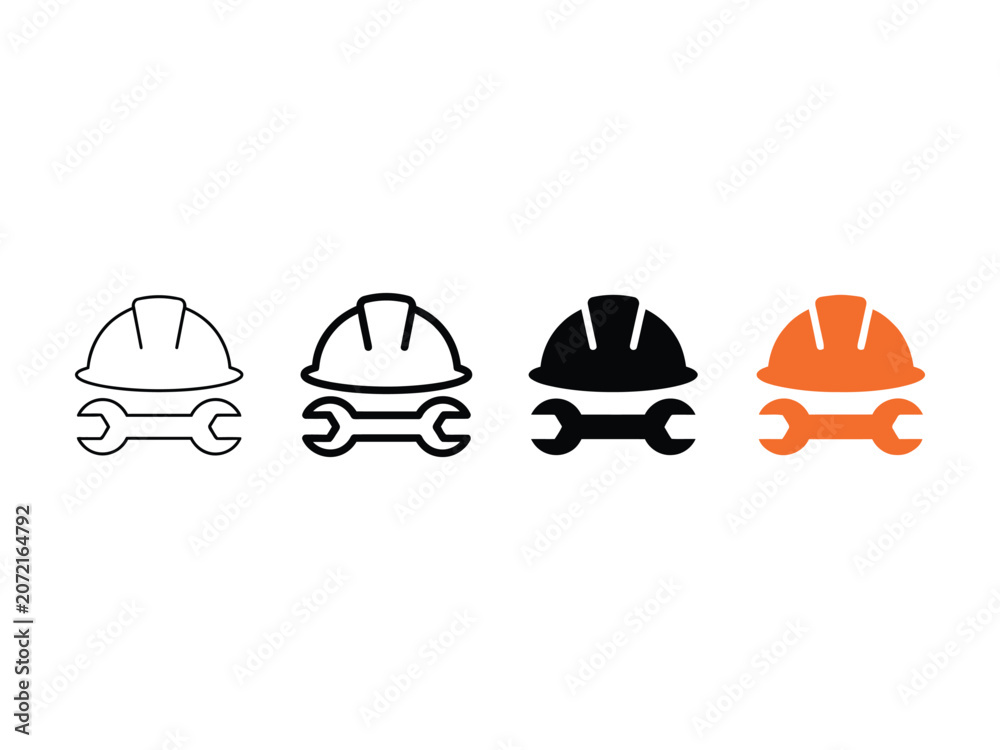 Fototapeta premium Four construction safety helmet and wrench representing industrial work, engineering, and maintenance services