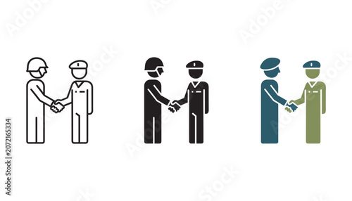 Fotografía Two soldiers shaking hands in three design styles including line art solid black
