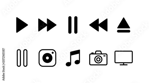 Media player control button icons for digital interface navigation and content management.