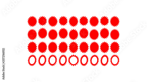 Set of multiple vibrant red gear icons isolated on a simple clean white background space.