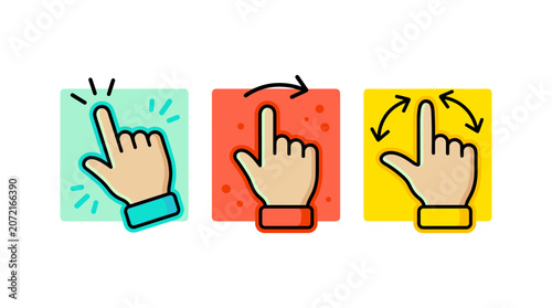 Set of colorful hand gesture icons showing touch screen interaction and navigation signs.