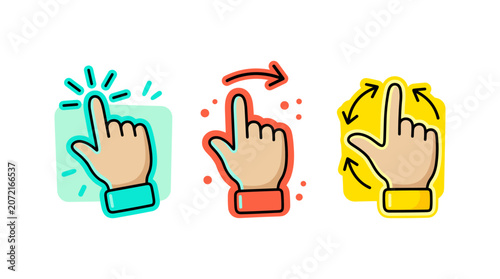 Set of colorful hand gesture icons showing touch screen interaction and navigation signs.