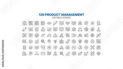 Set of one hundred twenty nine thin line product management icons for business planning.