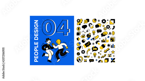 People design concept with two happy men dancing and pattern of small office icon graphics.