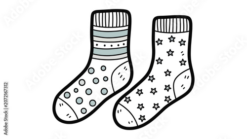 Pair of patterned socks with stripes stars and dots, clothing