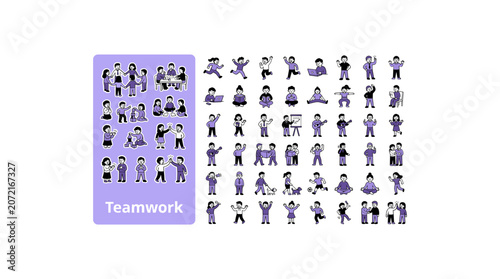 Business teamwork set with people characters engaged in diverse work activities and tasks.
