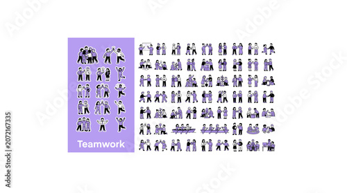 Teamwork concept illustration set featuring business professionals collaborating in office.