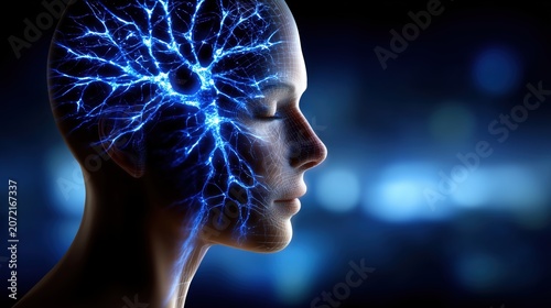 Human head illuminated by glowing neural pathways. Brain activity, neuroscience, neural network, cognition, memory, artificial intelligence and advanced brain technology concept. Copy space