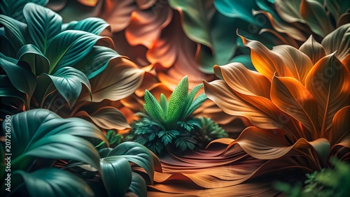 Close up of tropical forest plants with autumn and green foliage tropical botanical woodland background environment contrast landscape rainforest