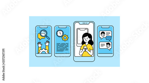 Mobile app interface set depicting communication tools and digital interaction concepts.