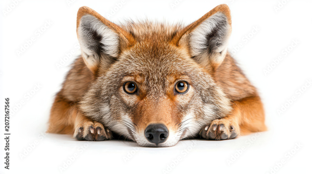 Fototapeta premium Close up of fox resting white background, showcasing its striking eyes and detailed fur. fox appears calm and curious, embodying sense