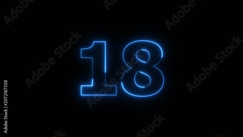 Abstract beautiful blue neon 18 number icon illustration background. Glowing neon countdown number sign background.