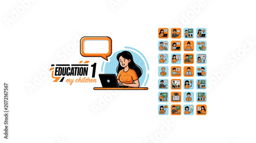 Online education concept illustration featuring student girl using laptop for study task.